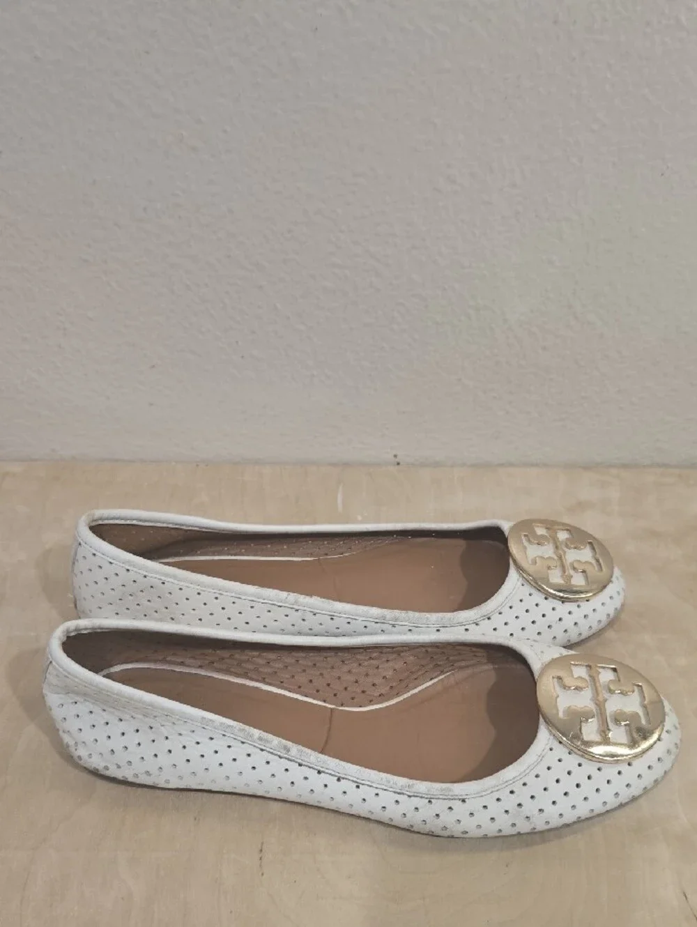 Tory Burch White Perforated Leather Logo Medallion Flats